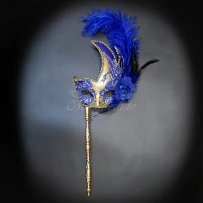 Handheld Stick Mask | Feather Masquerade Mask Blue Gold - Image 1 of 4
