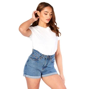 Damen hochtaillierte Denim-Shorts mittelblau Damen Sommer heiße Hose halbe Hose UK - Bild 1 von 8