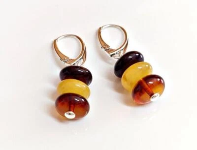 Bernstein Ohrringe Silber 925 Ohrhänger mehrfarbig echt Sterlingsilber bj226 - Bild 1 von 2