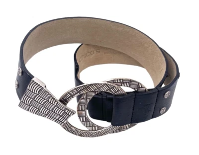 Chico's女式腰带纹理银色圆形扣扣黑色小号中号 — 第 1/4 张图片