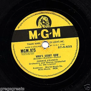 Reino Unido No.1 CONNIE FRANCIS 78 WHO'S SORRY NOW/YOU WERE ONLY FOOLING MGM 975 E V+ - Imagen 1 de 1