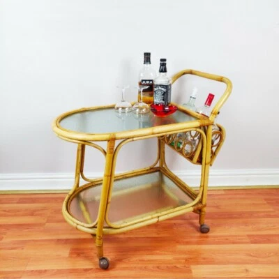 Mid Century Angraves Bamboo Oval Drinks Trolley, Vintage Bamboo & Glass Bar Cart - Image 1 of 4