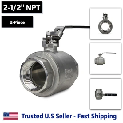 2-1/2" 2-Piece Full Port Ball Valve, Stainless Steel, NPT Threaded SS, 1000 WOG - Image 1 of 4