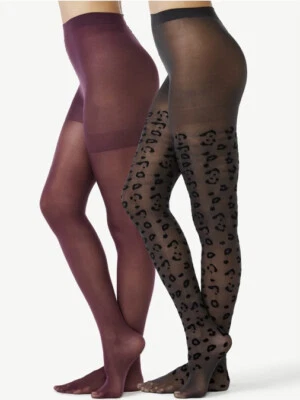 NEW Joyspun Women's Purple Opaque & Black Flocked Leopard 2 Pack Tights Size S - Image 1 of 4
