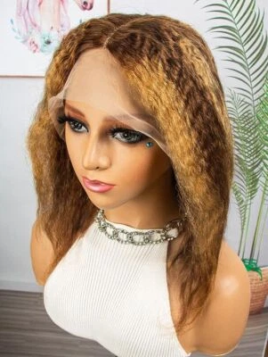 Women Long Brown Blonde Yaki Straight 100% Human Hair 13x4 T Part Lace Front Wig - Image 1 of 4