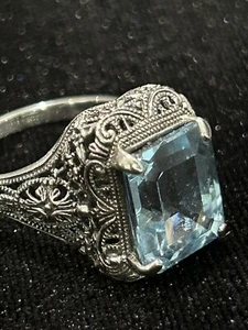 Vintage Sterling Silver, Intricate Setting, Emerald Cut Blue Topaz Ring SZ 8 - Picture 1 of 10