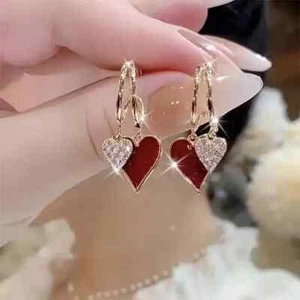 18K Gold Filled Romantic Hanging 2 Tone Red Double Heart Zirconia Stud Earrings - Picture 1 of 5