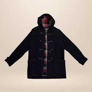 Vintage 90s GAP Navy Wool Duffle Toggle Coat L Plaid Lined Winter Jacket Rare - Picture 1 of 5