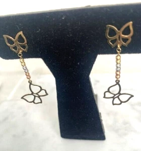 CUTE 14K MULTI TONE GOLD BUTTERFLY DANGLE EARRINGS - Picture 1 of 8