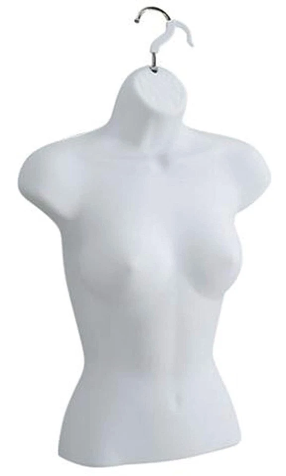 Plastic FEMALE TORSO HANGING MANNEQUIN White DRESS FORM WITH HANGER 2 Pc Set