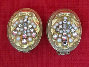 Vintage Hobe Rose Montees Crystals~Pearl~Russian Gold Clip-on Earrings - Picture 1 of 4