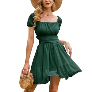 Damen 2024 Sommer Kurze Puffärmel Freizeit Kurze Minikleider Tie Back Squa... - Bild 1 von 6