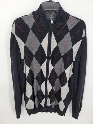 Club Room Sweater Mens XL Black Gray Argyle Diamond Zip Up Preppy Cardigan - Image 1 of 4