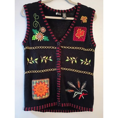 VTG Holiday Editions Black Embroidered Fall Harvest Sweater Vest Women S/C Knit - Image 1 of 4