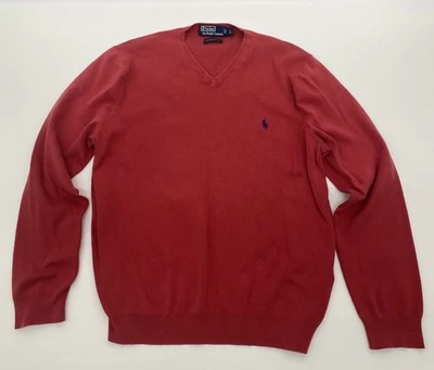 Polo Ralph Lauren Cuello en V Rojo Suéter Acanalado Cintura y Puños Algodón Pima Para Hombres Grande Foto 1 de 4