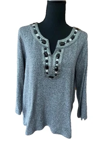 Rafaella Womans Gray Black Top With 3/4 Sleeves And Embellished Neck Line SZ XL - Picture 1 of 10