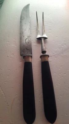 Altes Tranchierbesteck Stahl mit Holzgriff Besteck Set Braun 2 Teile - Bild 1 von 4