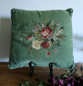Antique French Country Cottage Hand Embroidered Needlepoint Green Floral Pillow - Picture 1 of 6