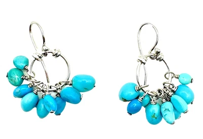Dangle Earrings Turquoise Cluster Sterling Silver Blue Teal Stone 925 Women's - Image 1 of 4
