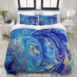 VAMIX COMFORTER Set copripiumino marmorizzato astratto paillettes dorate KING BIANCHERIA DA LETTO BLU - Foto 1 di 8