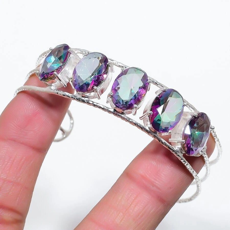 Mystic Topaz Gemstone 925 Sterling Silver Jewelry Adjustable Cuff Bracelet - Image 1 of 1