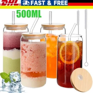 4X Trinkgläser mit Bambusdeckel Strohhalm,Eiskaffeebecher,Glasbecher Biergläser - Bild 1 von 15
