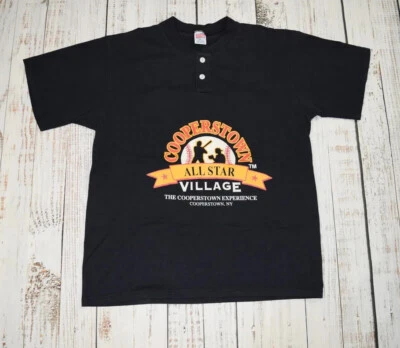 VINTAGE COOPERSTOWN ALL STAR VILLAGE NY BLACK COTTON HENLEY JERSEY SOFFE USA M - Image 1 of 4