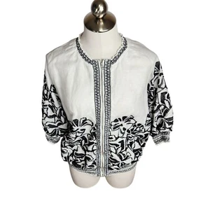 Chicos Jacket Womens XL Size 3 Black White Embroidered Short Sleeve Zip Linen - Picture 1 of 12