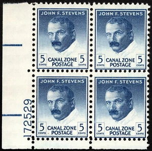 Canal Zone Scott # 164a - 5 Cents Blue John F. Stevens Issue Tagged Plate Block - Picture 1 of 1