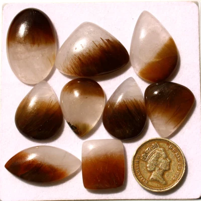 9 Pcs Natural Cacoxenite Rutilated Quartz 20mm-31mm Cabochon Rare Gemstones Lot - Image 1 of 4