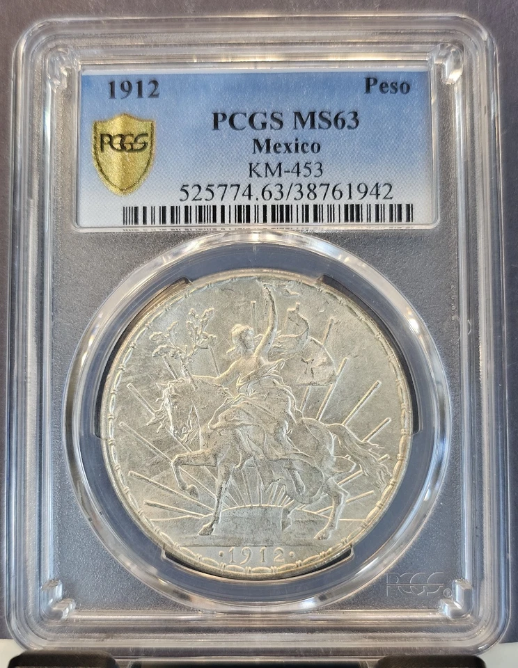 1912 MEXICO SILVER 1 PESO CABALLITO PCGS MS 63 RARE BEAUTIFUL LUSTER - Image 1 of 3