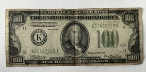 1934  ONE HUNDRED DOLLAR FEDERAL RESERVE NOTE, GREEN SEAL, NO MINT MARK - Picture 1 of 3