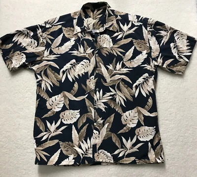 Hawaiian Shirt Black Tan Tropical Leaves Men's L Pierre Cardin Vintage - Image 1 of 4