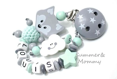 HANDGEFERTIGT Schnullerkette Fuchs mit Namen Name mint grau Nuckelkette Schnullerband Baby