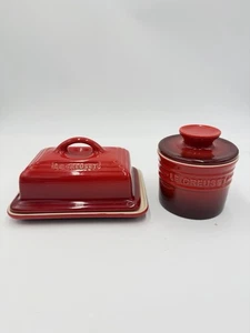 Le Creuset Stoneware Red Butter Dish & Butter Bell Crock Red Set 2 PCs - Picture 1 of 15