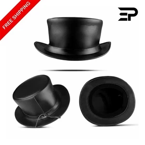 Schwarzer Leder Zylinder Hut Handarbeit Steampunk Viktorianisch Gothic Festival Biker Kostüm - Bild 1 von 7