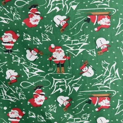 RETRO CHRISTMAS Snowman SANTA SKIING & SLEDDING Cotton QUILT Fabric ~ 1+ Yds - Image 1 of 4