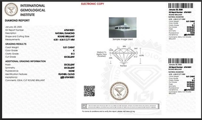 100% NATURAL IGI CERTIFIED DIAMOND UNTRETED 0.31 CT K/SI CLARITY LOOSE ROUND - Image 1 of 2