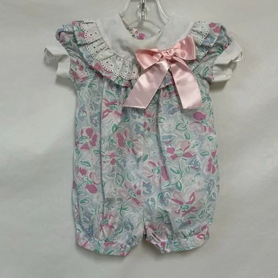 Vintage Broadway Kids 18M White Floral One Piece Bubble Romper Jumpsuit Collar - Image 1 of 4