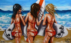 girls surfing bikinis surf art beach canvas poster print painting by andy baker  - Picture 1 of 4