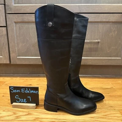 New NWOB Womens Sam Edelman Drina Black Leather Knee High Riding Boots Size 7 M - Image 1 of 4