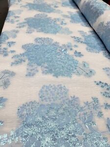 Sky Blue Floral Brocade Fabric By The Yard WHITE FRENCH ORGANZA FOR DRESS 