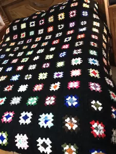 Enormous Vintage Handmade Granny Square Afghan 98x87 Crochet Blanket Boho Black - Picture 1 of 14