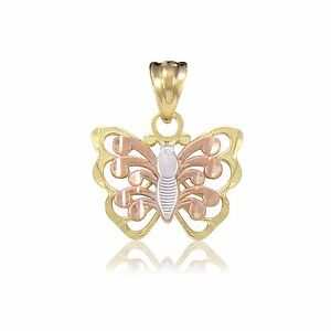 10K Solid Yellow White Rose Gold Butterfly Pendant - Necklace Charm Women Girls