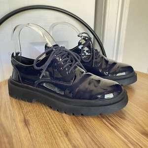 ZARA Woman Blue Patent Leather Platform Lace Up Oxford Derby Shoe 37 US 6.5 - Picture 1 of 22