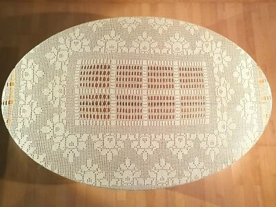 Tischdecke 1,20m x 1,40m Häkeldecke Baumwollgarn crèmefarben Fransen Rosen MS388 - Bild 1 von 4