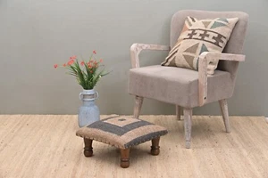 Handcrafted Acacia Wooden Footstool | Low Kilim Upholstered Footstool Ottoman | - Picture 1 of 5