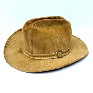 Vtg Tan Corduroy Hat Fedora Men's Size 22.5” New York USA Western Boho Festival - Picture 1 of 13
