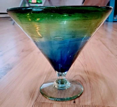 Murano Style Hand Blown Art Glass Vase Blue Green Ombre Cone Bowl Pedestal - Image 1 of 4