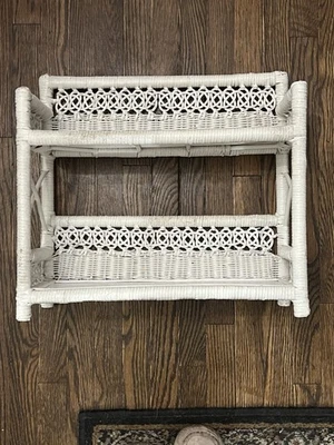 Vintage White Wicker Wall Shelf 2 Tier Hanging Bathroom Storage Boho Farmhouse - Image 1 of 4